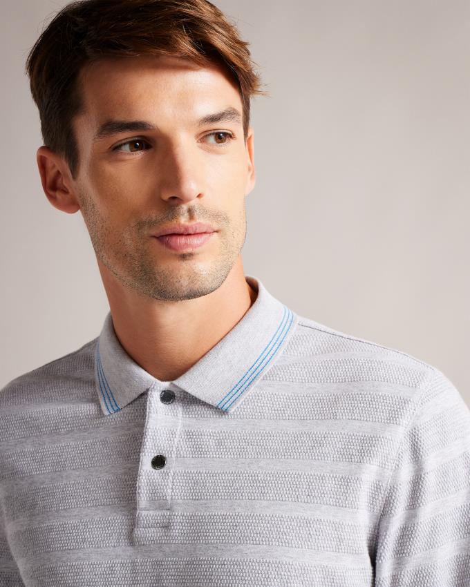 Polo Ted Baker Long Sleeve Textured Stripe Grise Homme | TAR-16092370